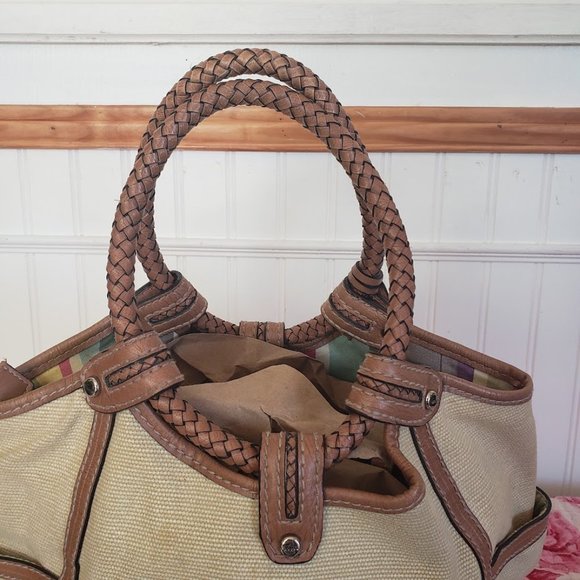 Fossil Womens Satchel Brown Fabric & Leather Braid Handles Key Charm Modern Vtg - Picture 14 of 16